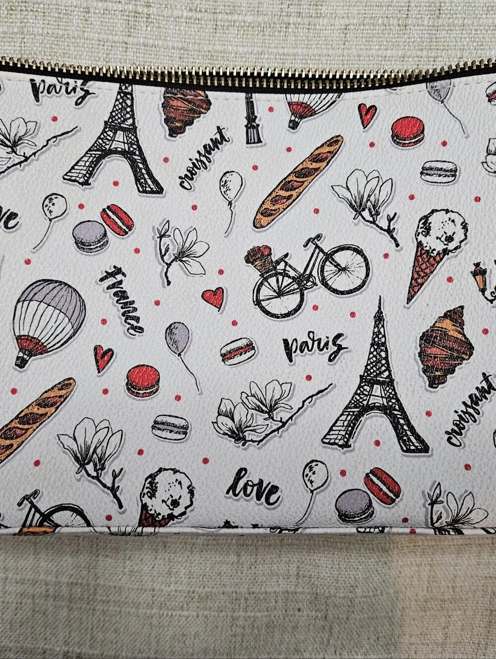 Paris Print White Zip Pouch Cosmetic Bag